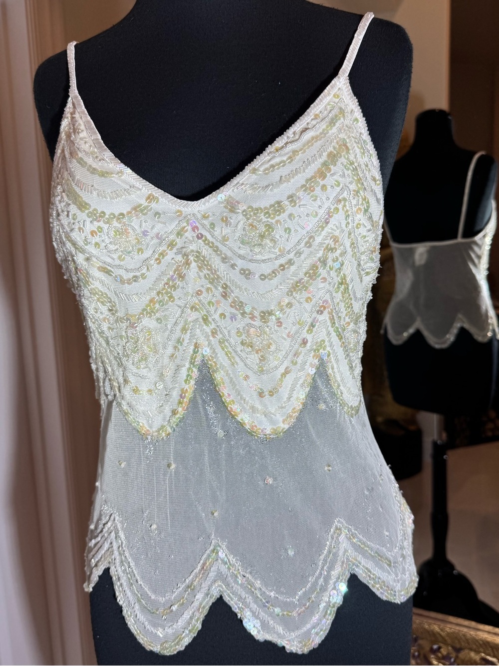 Hand Beaded Ivory Scallop Hem Spaghetti Strap Top